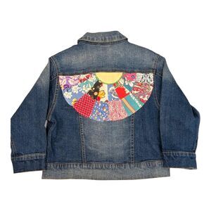 Vintage Upcycled Denim Jacket Handmade Patchwork Fan Applique Small From Japan